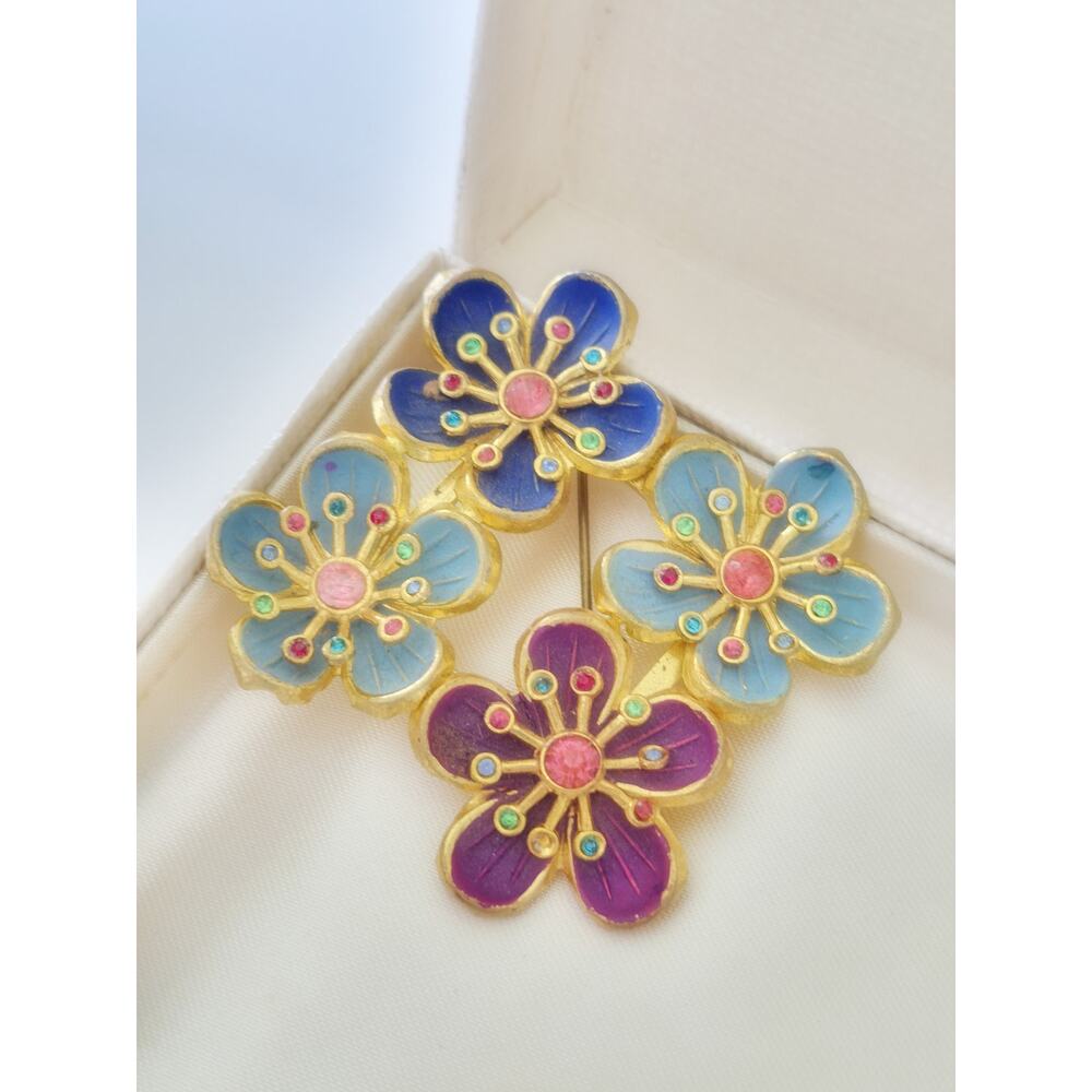 Vintage Czechoslovakia Enamel and Crystal Rhinestone Floral Square Brooch